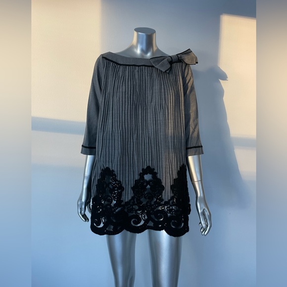 RoccoBarocco blouse Virgin Wool Top Gray bow Black lace insert IT42 us6 - Picture 10 of 10